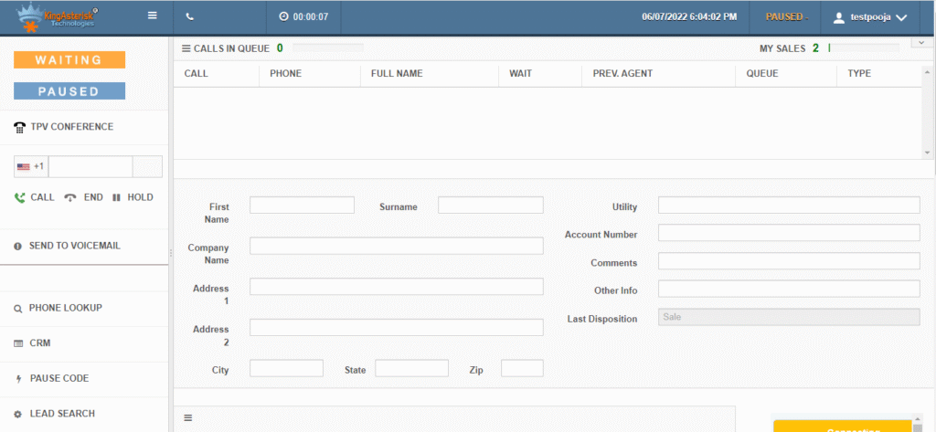 Vicidial webRTC Integration Agent Screen