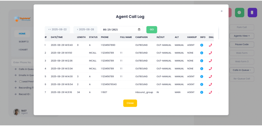 Agent call log