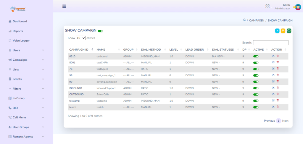 VICIdial Campaign Management screen showing inbound and outbound campaigns setup