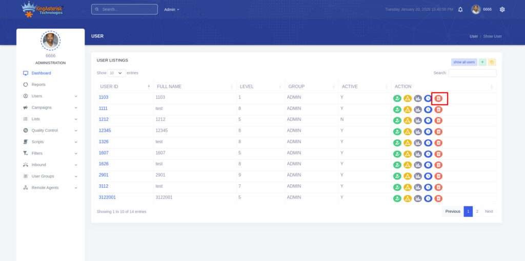 DIrect delete option in Vicidial admin panel