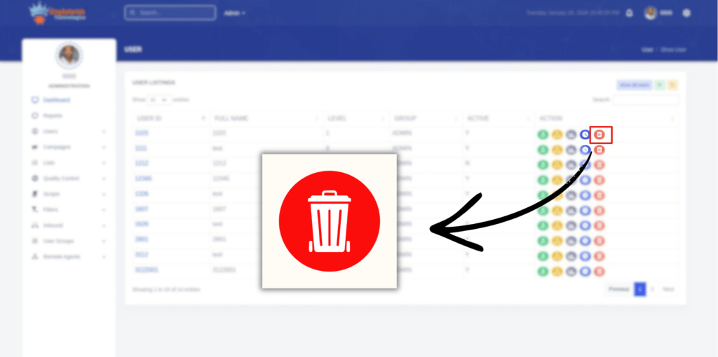 DIrect delete option in Vicidial admin panel