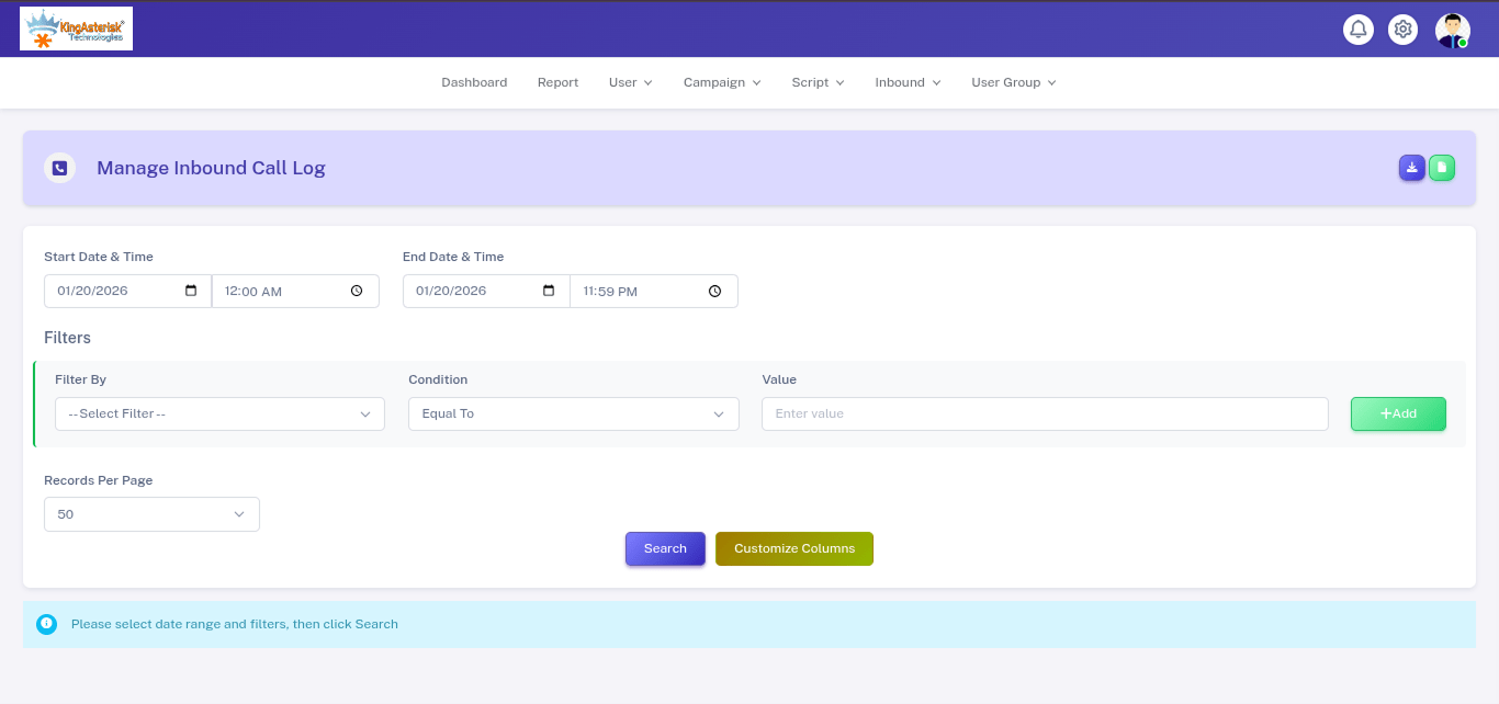 Vicidial Inbound call log