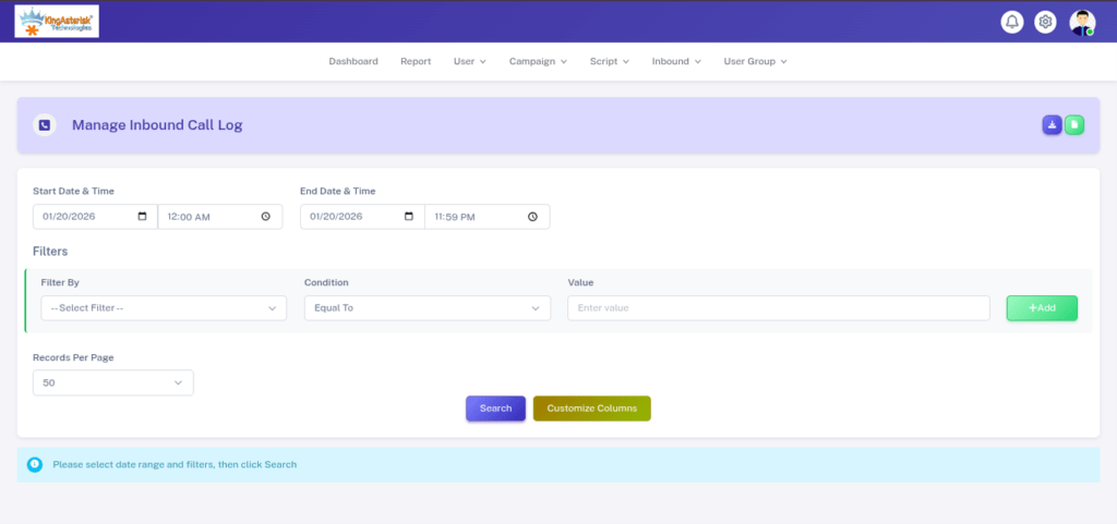 Vicidial Inbound call log screen
