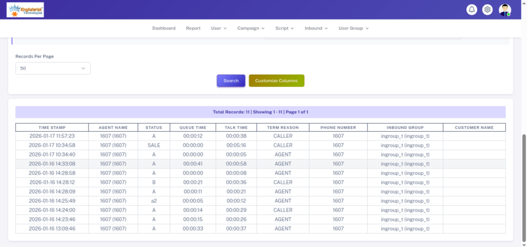 Vicidial Inbound tabel