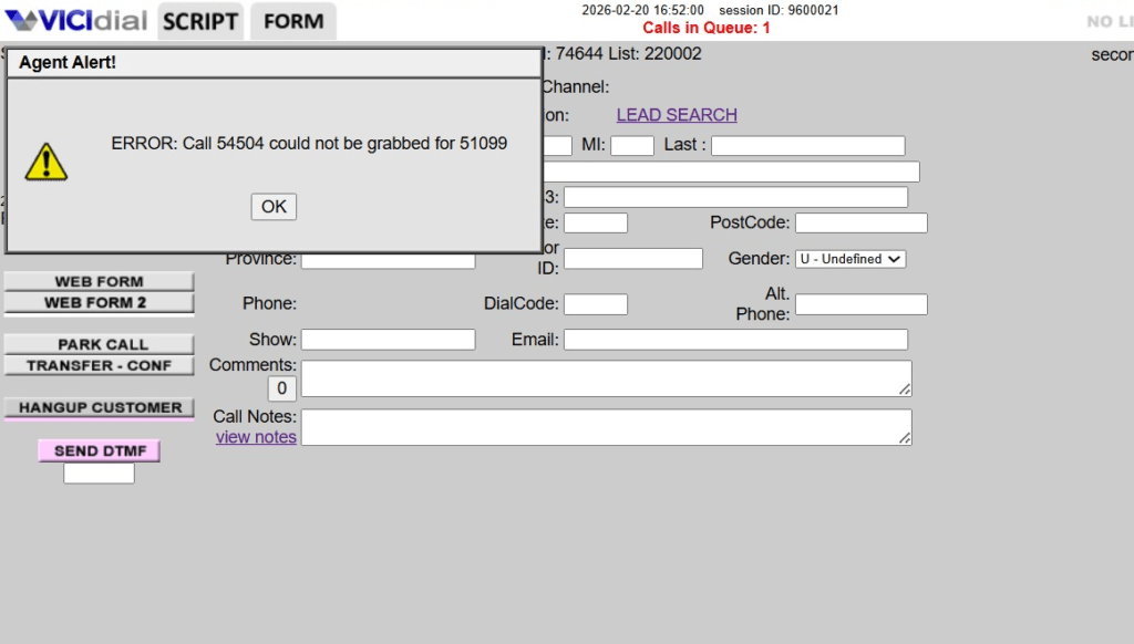 VICIdial inbound routing issue error call could not be grabbed agent alert