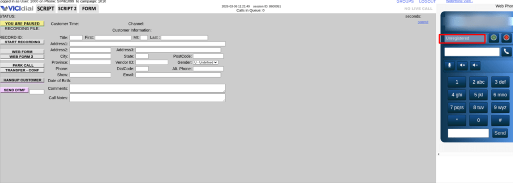 vicidial sip registration failed showing unregistered agent phone