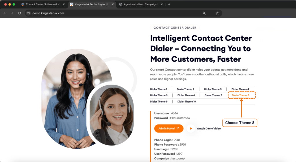 VICIdial live demo theme selection interface showing contact center dialer options.