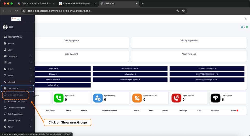 Navigating to Show User Groups under Administration panel in VICIdial sidebar menu.