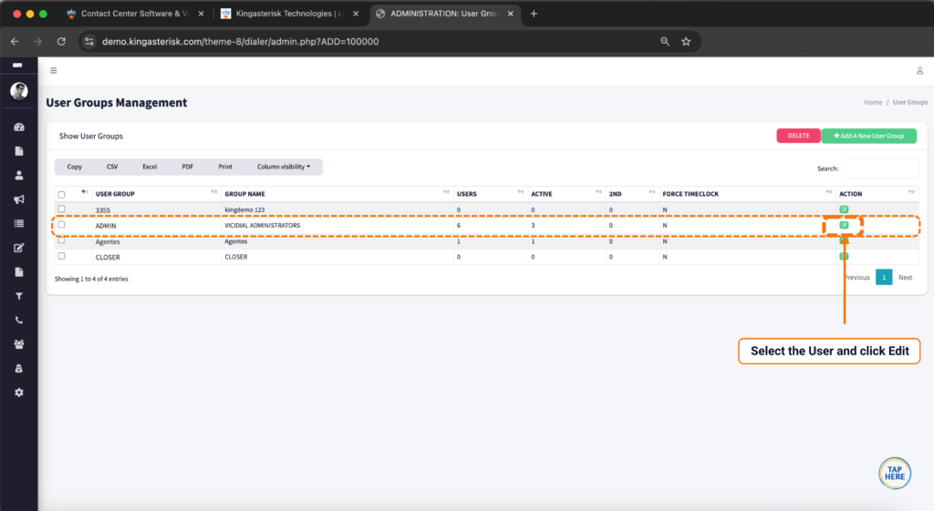 User Groups Management table in VICIdial showcasing admin and agent group records with edit action button