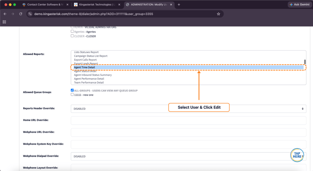 Selecting Agent Time Detail report under Allowed Reports section in VICIdial configuration.