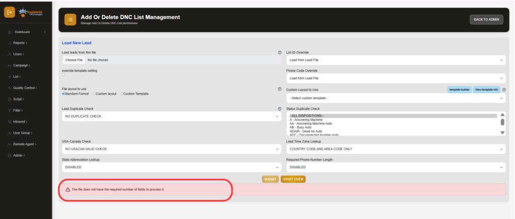 VICIdial invalid CSV fields error