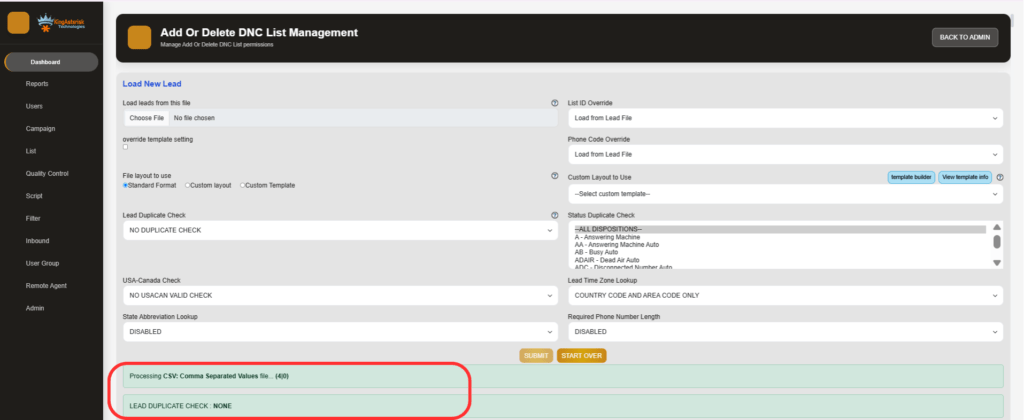 VICIdial leads CSV import success