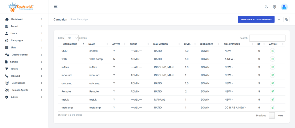 VICIdial campaign main screen for API integration
