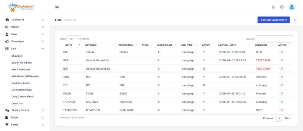 VICIdial lead lists screen for API and lead management